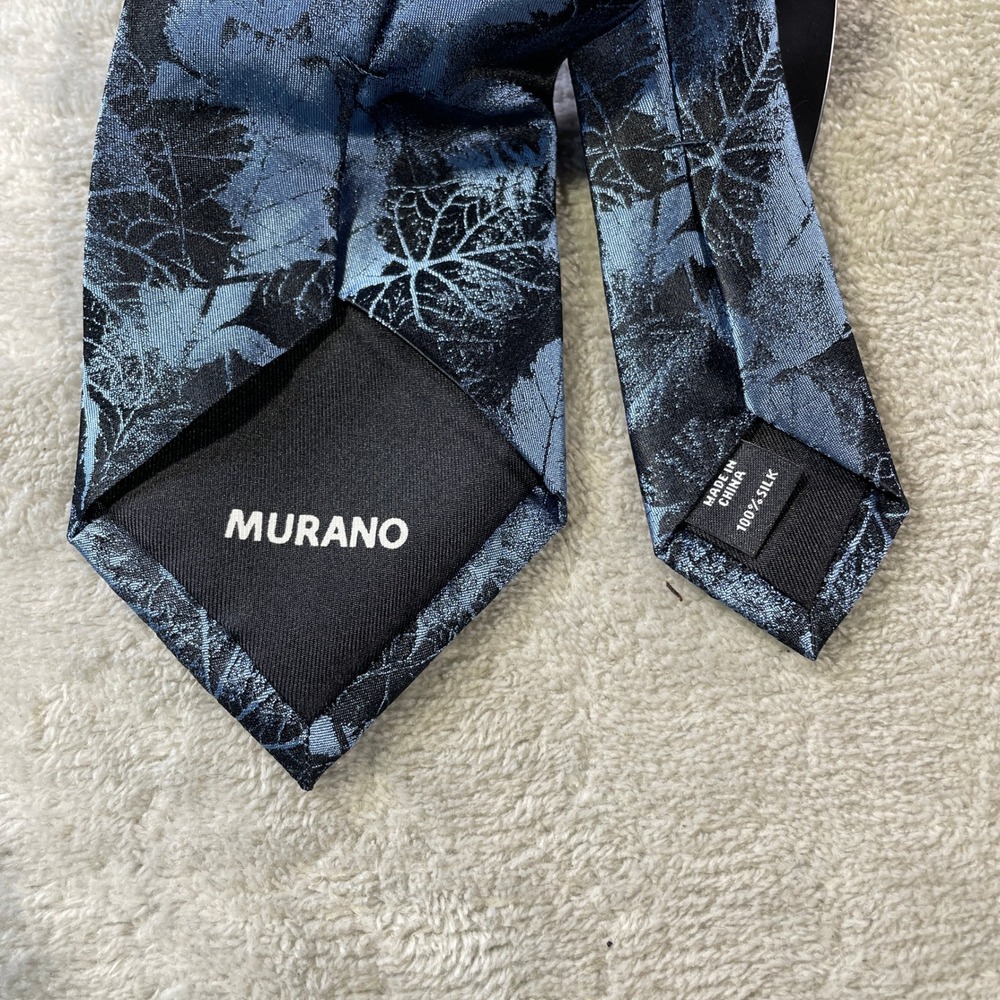 Murano Tie Necktie Blue Black Leaf Metallic Hand Finished 100 Silk Office Career - Picture 6 of 9